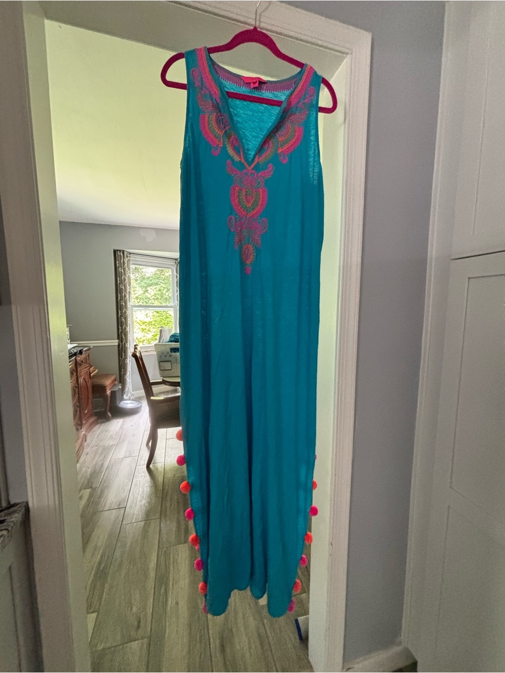 Lilly Pulitzer Turquoise Embroidered Beach Cover Up with Pom Details